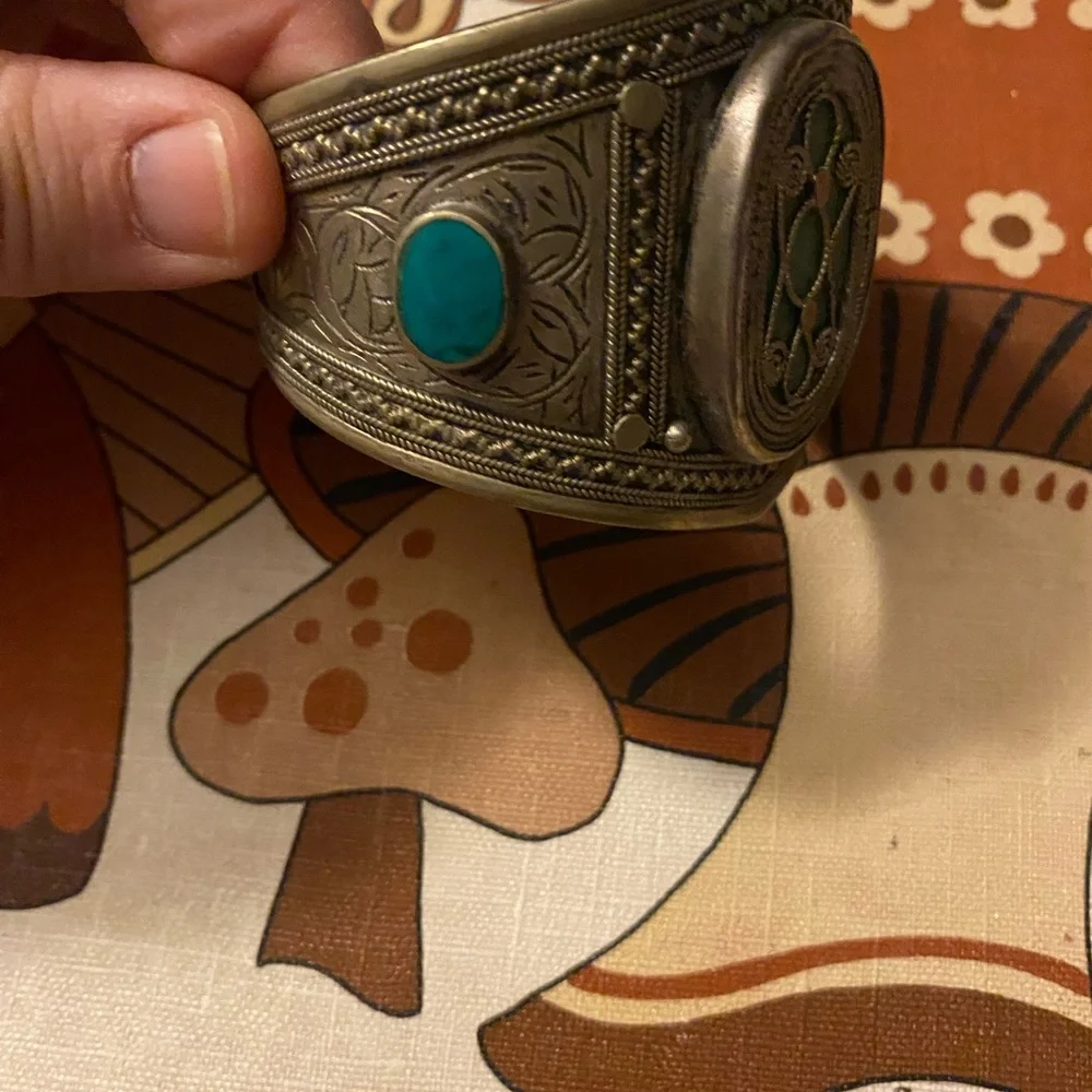Silver and Green Vintage-Style Cuff Bracelet costume jewelry